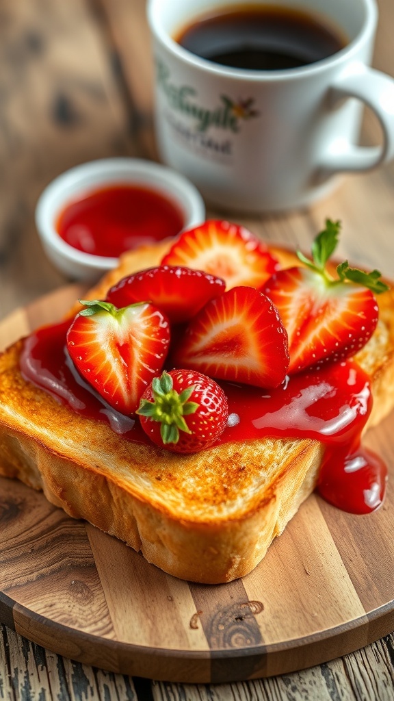 Golden toast with strawberry jam and fresh strawberries on a wooden table.